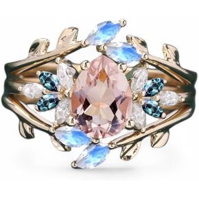 Pear Morganite Engagement Ring Set Solid Yellow Gold Flower Ring Leaf Moonstone Enhancer Band, Alexandrite Twig Branch Ring Diamond Cluster Wedding Jewelry Gift in Kuwait