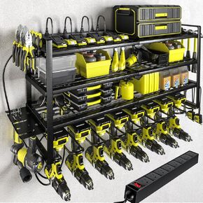 KAFAHOM Power Tool Organizer with Charging Station, Built in 8 Outlet Power Strip, Drill Holder Wall Mount With 2 Side pegboards, Heavy Duty Metal Tool Shelf for Garage Organization-Black in Kuwait