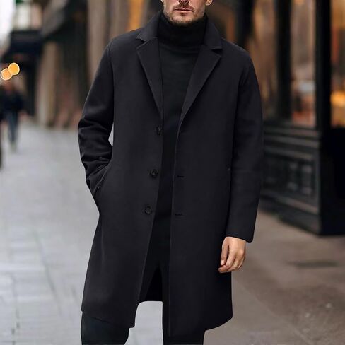 Men's Casual Trench Coat Winter Wool Blend Overcoat Mid-Long Single Breasted Pea Coat Lapel Notched Collar Jackets in Saudi Arabia
