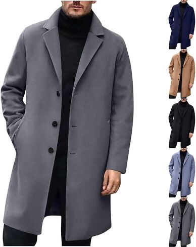 Men's Casual Trench Coat Winter Wool Blend Overcoat Mid-Long Single Breasted Pea Coat Lapel Notched Collar Jackets in Saudi Arabia