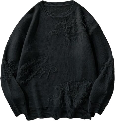 WDIRARA Men's Distressed Sweater Crew Neck Long Sleeve Pullovers Knit Top Streetwear in Saudi Arabia