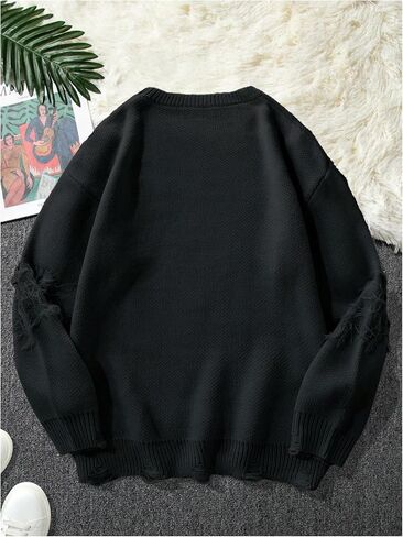 WDIRARA Men's Distressed Sweater Crew Neck Long Sleeve Pullovers Knit Top Streetwear in Saudi Arabia