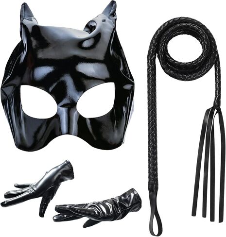 Women's Cat Ear Half Mask Black Whip and Leather Glove Face Party Masquerade Halloween Cat Costume Cosplay Accessory in Saudi Arabia