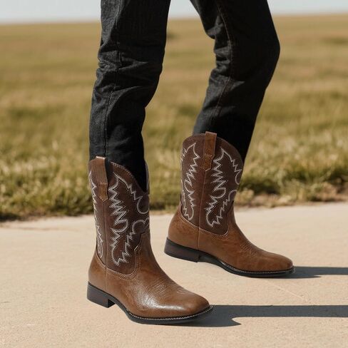 Mofri Cowboy Boots for Men Square Toe Western Classic Embroidered Slip on Chunky Heel Men's Boots in Saudi Arabia