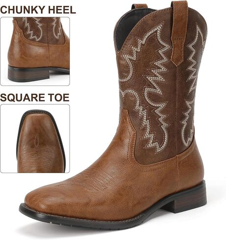 Mofri Cowboy Boots for Men Square Toe Western Classic Embroidered Slip on Chunky Heel Men's Boots in Saudi Arabia