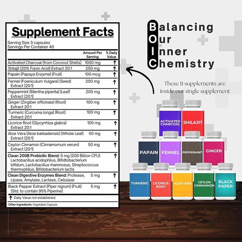 كبسولات الفحم المنشط - قوة إضافية مع شيلاجيت ، 200 مليار من بروبيوتيك CFU ، إنزيمات الهضمية ، النعناع ، الشمر ، عرق السوس والزنجبيل - 120 كبسولة (حزمة 1) in Kuwait