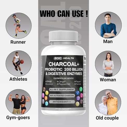 كبسولات الفحم المنشط - قوة إضافية مع شيلاجيت ، 200 مليار من بروبيوتيك CFU ، إنزيمات الهضمية ، النعناع ، الشمر ، عرق السوس والزنجبيل - 120 كبسولة (حزمة 1) in Kuwait