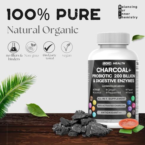كبسولات الفحم المنشط - قوة إضافية مع شيلاجيت ، 200 مليار من بروبيوتيك CFU ، إنزيمات الهضمية ، النعناع ، الشمر ، عرق السوس والزنجبيل - 120 كبسولة (حزمة 1) in Kuwait
