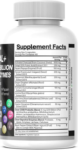 كبسولات الفحم المنشط - قوة إضافية مع شيلاجيت ، 200 مليار من بروبيوتيك CFU ، إنزيمات الهضمية ، النعناع ، الشمر ، عرق السوس والزنجبيل - 120 كبسولة (حزمة 1) in Kuwait
