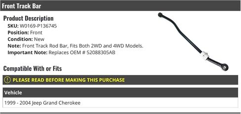 Front Track Bar - Compatible with 1999-2004 Jeep Grand Cherokee 2WD and 4WD in Saudi Arabia
