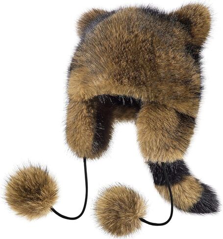 Raccoon Hat with Tail for Women Men Faux Fur Coonskin Raccoon Tail Hat Warm Winter Cap for Unisex Cold Weather in Saudi Arabia