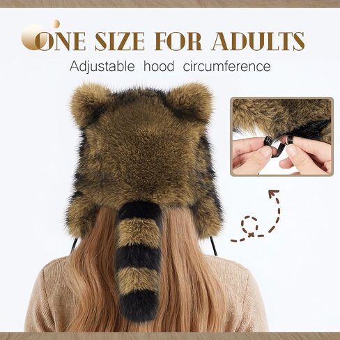 Raccoon Hat with Tail for Women Men Faux Fur Coonskin Raccoon Tail Hat Warm Winter Cap for Unisex Cold Weather in Saudi Arabia