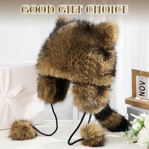 Raccoon Hat with Tail for Women Men Faux Fur Coonskin Raccoon Tail Hat Warm Winter Cap for Unisex Cold Weather in Saudi Arabia