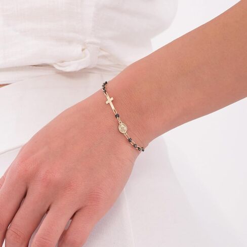 Mionza 14K الذهب الصلب الذهب الجانبي سوار الصليب للنساء ، سوار الصليب القابل للتعديل ، السحر الديني المجوهرات الكاثوليكية ، هدية المعمودية المسيحية لها in Saudi Arabia