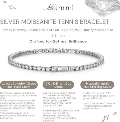 2-10 CT Moissanite 925 Sterling Silver Tennis Bracelet للنساء والرجال ، 2 مم إلى 4 مم ، سوار الأبدية القابلة للتكديس للجنسين مع قفل آمن ، مختبر تم إنشاؤه بديل الماس ، 6.5 و 7.25 بوصة in Kuwait
