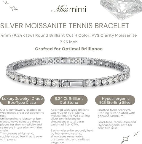 2-10 CT Moissanite 925 Sterling Silver Tennis Bracelet للنساء والرجال ، 2 مم إلى 4 مم ، سوار الأبدية القابلة للتكديس للجنسين مع قفل آمن ، مختبر تم إنشاؤه بديل الماس ، 6.5 و 7.25 بوصة in Kuwait