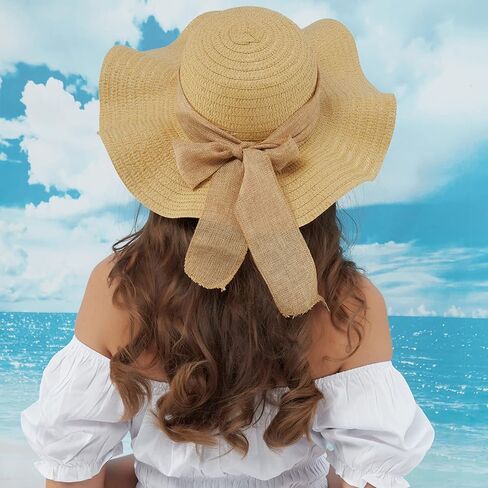 Julerwoo 2 PCS الوالدين والطفل قبعة واسعة Brim Bowknot قبعة الشاطئ شمس قبعة للبنات النساء in Kuwait