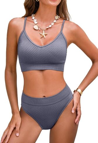 CUPSHE Women's Bikini Sets Two Piece Swimsuit Sporty Mid Rise Scoop Neck Adjustable Spaghetti Straps Textured Midkini in Saudi Arabia