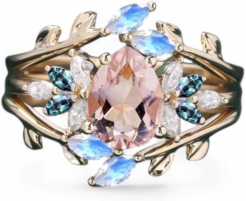 Pear Morganite Engagement Ring Set Solid Yellow Gold Flower Ring Leaf Moonstone Enhancer Band, Alexandrite Twig Branch Ring Diamond Cluster Wedding Jewelry Gift in Kuwait