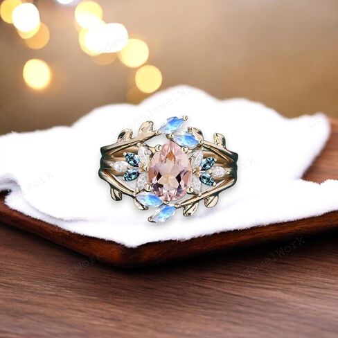 Pear Morganite Engagement Ring Set Solid Yellow Gold Flower Ring Leaf Moonstone Enhancer Band, Alexandrite Twig Branch Ring Diamond Cluster Wedding Jewelry Gift in Kuwait