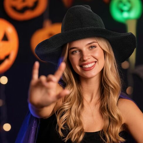 Halloween Witch Hat for Women Wide Brim Foldable Halloween Party Knitted Wool Hats for Cosplay Witch Costume in Kuwait