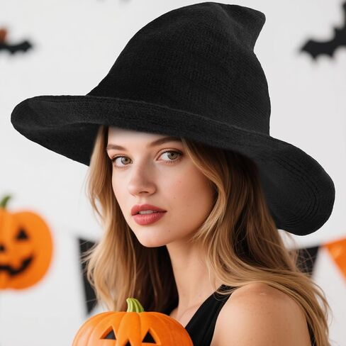 Halloween Witch Hat for Women Wide Brim Foldable Halloween Party Knitted Wool Hats for Cosplay Witch Costume in Kuwait