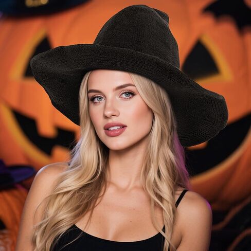 Halloween Witch Hat for Women Wide Brim Foldable Halloween Party Knitted Wool Hats for Cosplay Witch Costume in Kuwait