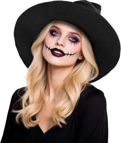 Halloween Witch Hat for Women Wide Brim Foldable Halloween Party Knitted Wool Hats for Cosplay Witch Costume in Kuwait