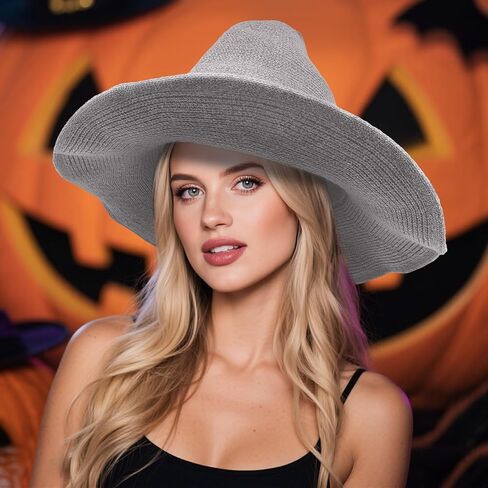 Halloween Witch Hat for Women Wide Brim Foldable Halloween Party Knitted Wool Hats for Cosplay Witch Costume in Saudi Arabia