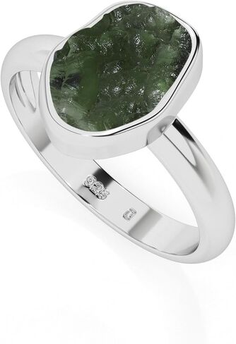 Natural Raw Moldavite Solitaire Rings for Women in Sterling Silver, Gemstone Jewelry Gifts for Her Birthday, Anniversary, Christmas (Bezel-Set) in Saudi Arabia