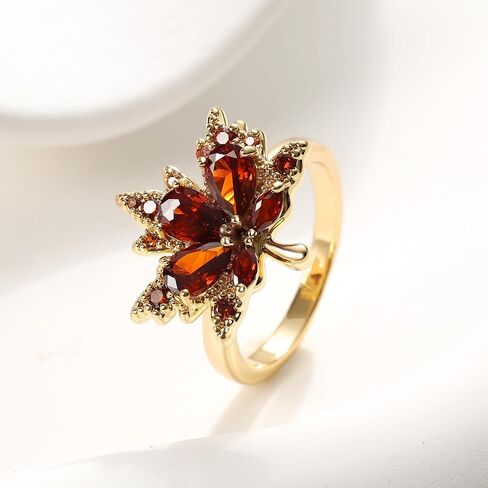 Fall Maple Leaf Statement Ring for Women, 18K Gold Plated Orange Cubic Zirconia Cocktail Band Ring — Autumn Jewelry Thanksgiving Gifts Size 6-10 in Kuwait