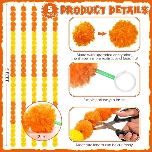 Yunsailing 5 Pcs 5 ft Indian Diwali Decoration Marigold Garland Day of The Dead Artificial Marigold Flowers Garland for Wedding Dia De Los Muertos Decoration(Orange) in Saudi Arabia