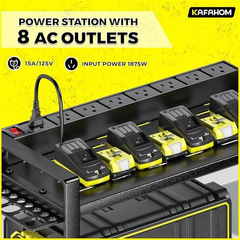 KAFAHOM Power Tool Organizer with Charging Station, Built in 8 Outlet Power Strip, Drill Holder Wall Mount With 2 Side pegboards, Heavy Duty Metal Tool Shelf for Garage Organization-Black in Kuwait