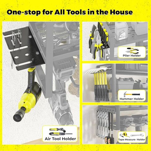 KAFAHOM Power Tool Organizer with Charging Station, Built in 8 Outlet Power Strip, Drill Holder Wall Mount With 2 Side pegboards, Heavy Duty Metal Tool Shelf for Garage Organization-Black in Kuwait