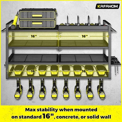 KAFAHOM Power Tool Organizer with Charging Station, Built in 8 Outlet Power Strip, Drill Holder Wall Mount With 2 Side pegboards, Heavy Duty Metal Tool Shelf for Garage Organization-Black in Kuwait