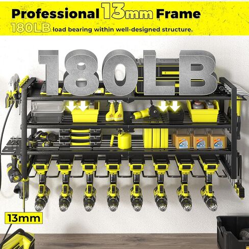 KAFAHOM Power Tool Organizer with Charging Station, Built in 8 Outlet Power Strip, Drill Holder Wall Mount With 2 Side pegboards, Heavy Duty Metal Tool Shelf for Garage Organization-Black in Kuwait