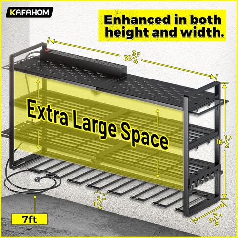 KAFAHOM Power Tool Organizer with Charging Station, Built in 8 Outlet Power Strip, Drill Holder Wall Mount With 2 Side pegboards, Heavy Duty Metal Tool Shelf for Garage Organization-Black in Kuwait