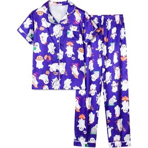 Cute Satin Pajamas for Big/Tween Girls Silk Button Down Short Sleeve & Pants PJS Clothes Nighty Size 8-16 in Kuwait