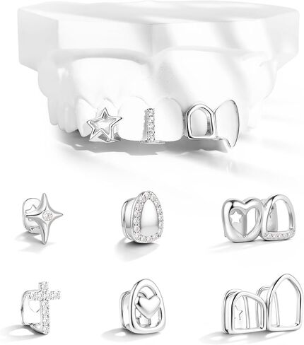 9pcs 16k Gold Gold Glated Grillz Caps for Women Men Fake Tooth Grill مجموعة أدوات المجوهرات للأسنان للأسنان Hip Hop Vampire Party Grillz Single Grillz مع قضبان القضبان النجمة Fang Heart Cap in Kuwait