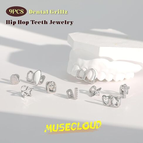 9pcs 16k Gold Gold Glated Grillz Caps for Women Men Fake Tooth Grill مجموعة أدوات المجوهرات للأسنان للأسنان Hip Hop Vampire Party Grillz Single Grillz مع قضبان القضبان النجمة Fang Heart Cap in Kuwait