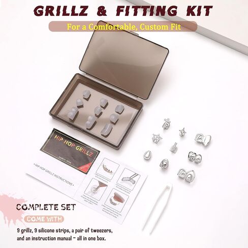 9pcs 16k Gold Gold Glated Grillz Caps for Women Men Fake Tooth Grill مجموعة أدوات المجوهرات للأسنان للأسنان Hip Hop Vampire Party Grillz Single Grillz مع قضبان القضبان النجمة Fang Heart Cap in Kuwait