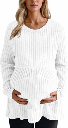 Women's Maternity Shirts Ribbed Knit Pregnancy Tops Long Sleeve Crewneck Casual Maternity Tunic Top Fall Clothes in Kuwait