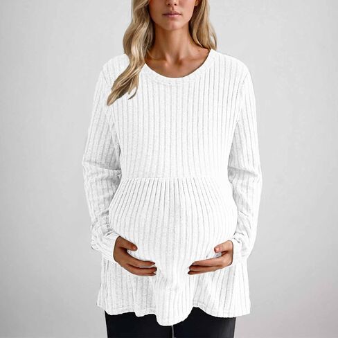 Women's Maternity Shirts Ribbed Knit Pregnancy Tops Long Sleeve Crewneck Casual Maternity Tunic Top Fall Clothes in Kuwait