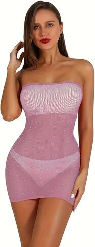 المرأة مثير شبكة صيد السمك ارتداءها حجر الراين فستان شبكي البريق حزام تمتد قميص نوم الماس Bodystocking للنساء in Kuwait