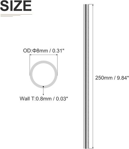 DTGN 8 مم × 0.4 مم × 250 مم (ODxWall TxL) 304 أنبوب من الفولاذ المقاوم للصدأ - عبوتين - جيد لمعدات الآلات - أنابيب معدنية مصقولة in Kuwait