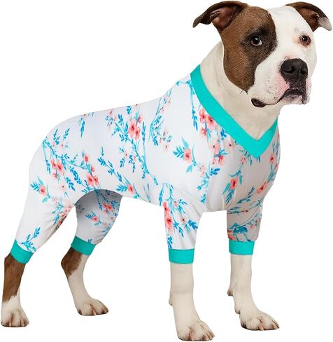 بدلة قطعة واحدة كبيرة الحجم للكلاب من LovinPet - ملابس Pjs للكلاب لحماية ما بعد الجراحة، ملابس داخلية للكلاب تغطي 4 أرجل، خفيفة الوزن قابلة للتمدد، فقاعات وطباعة زهور باللونين الأبيض والأزرق المخضر، قميص داخلي لسترات الكلاب، أزرق 3XL in Kuwait