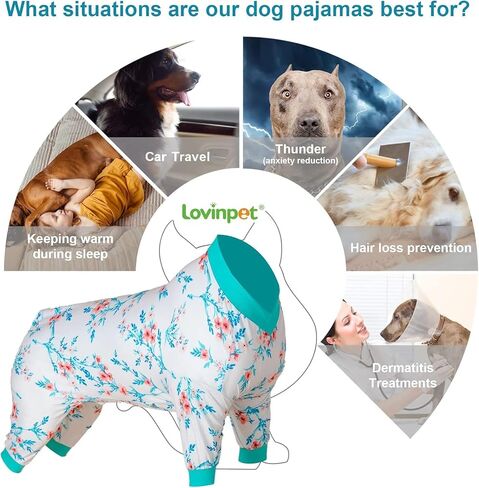 بدلة قطعة واحدة كبيرة الحجم للكلاب من LovinPet - ملابس Pjs للكلاب لحماية ما بعد الجراحة، ملابس داخلية للكلاب تغطي 4 أرجل، خفيفة الوزن قابلة للتمدد، فقاعات وطباعة زهور باللونين الأبيض والأزرق المخضر، قميص داخلي لسترات الكلاب، أزرق 3XL in Kuwait
