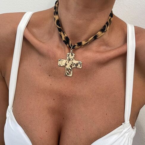 Scarf Necklace with Charm for Women Leopard Scarf Charm Necklace Vintage Bow Heart Cross Leopard Necklaces Boho Layered Pearl Coin Necklaces Summer Jewelry Gift in Saudi Arabia