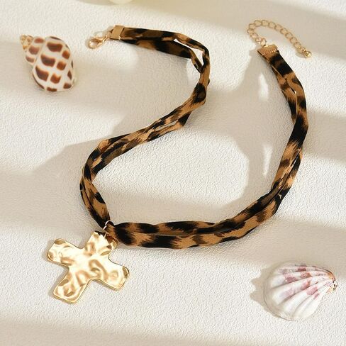 Scarf Necklace with Charm for Women Leopard Scarf Charm Necklace Vintage Bow Heart Cross Leopard Necklaces Boho Layered Pearl Coin Necklaces Summer Jewelry Gift in Saudi Arabia