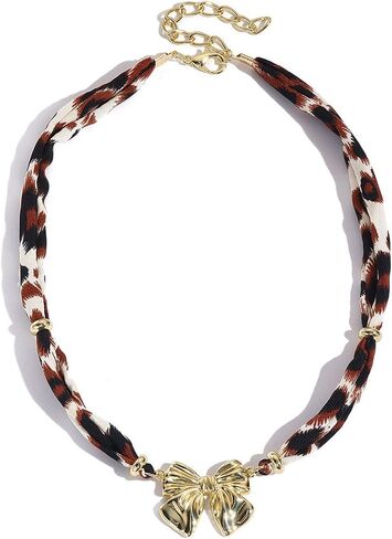 Scarf Necklace with Charm for Women Leopard Scarf Charm Necklace Vintage Bow Heart Cross Leopard Necklaces Boho Layered Pearl Coin Necklaces Summer Jewelry Gift in Saudi Arabia